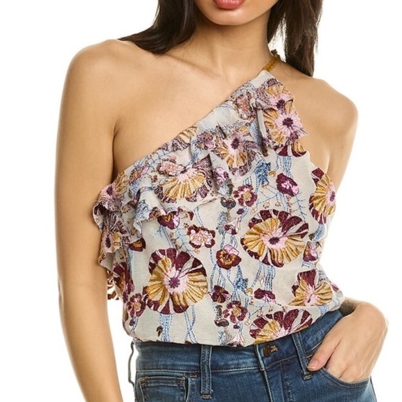 Free People Tops - FREE PEOPLE Day Date boho ruffle frill one shoulder embroidered bodysuit